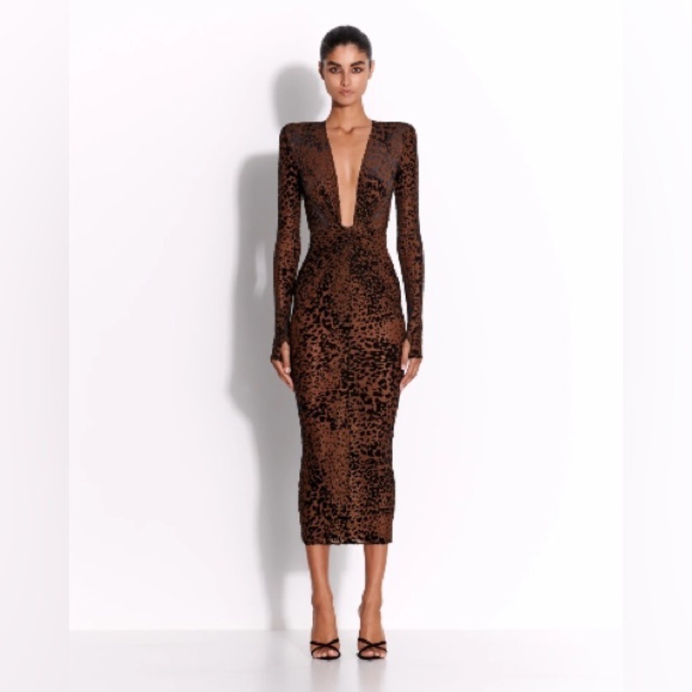 Alex Perry Long Sleeve V Dress in Leopard Burnout